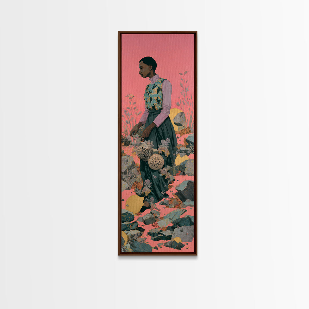 Elegant Black Woman In Floral Garden Framed Canvas Print, African Woman Art, Feminine Wall Decor, Melanin Portrait Gift For Her