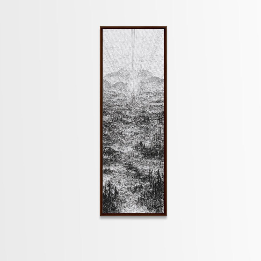 Monochrome Futuristic City Spire Canvas Print, Abstract Urban Architecture Wall Decor, Minimalist Black And White Art Poster