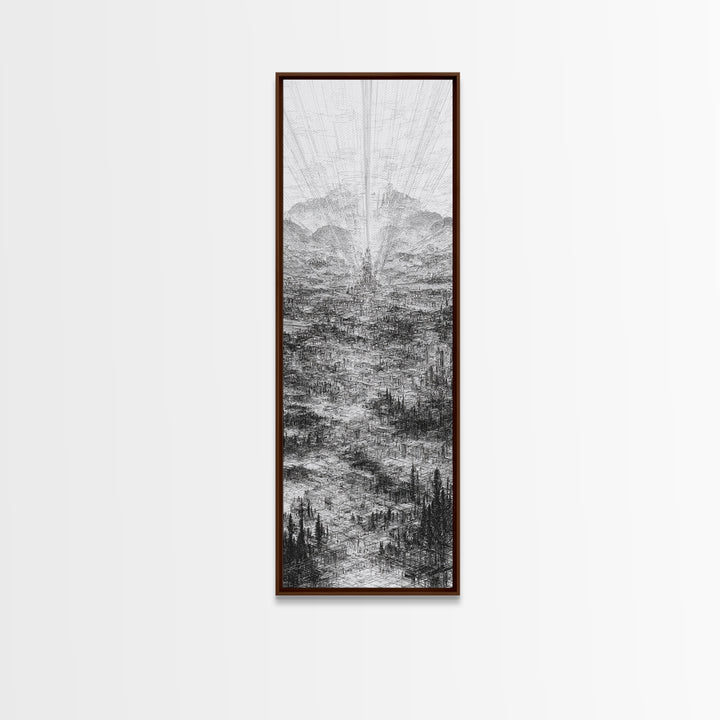 Monochrome Futuristic City Spire Canvas Print, Abstract Urban Architecture Wall Decor, Minimalist Black And White Art Poster