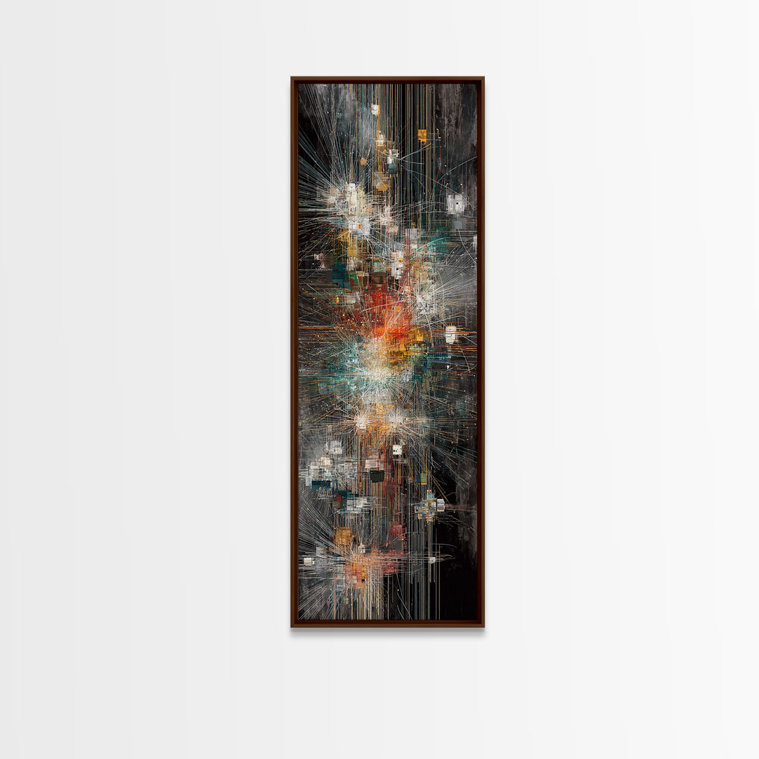 Dark Futuristic City Lights Framed Canvas Print, Abstract Urban Wall Art, Modern Black Gold Teal Statement Decor For Living Room