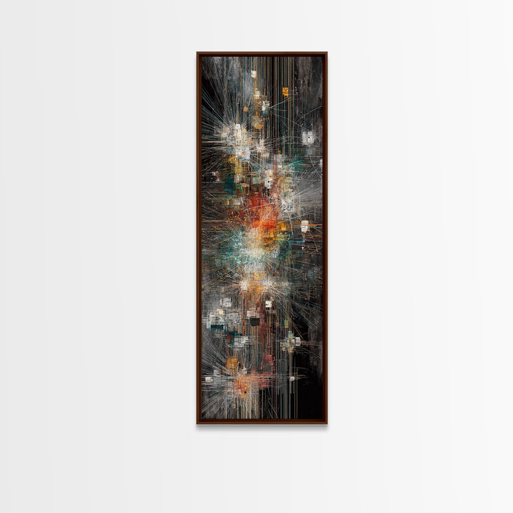 Dark Futuristic City Lights Framed Canvas Print, Abstract Urban Wall Art, Modern Black Gold Teal Statement Decor For Living Room