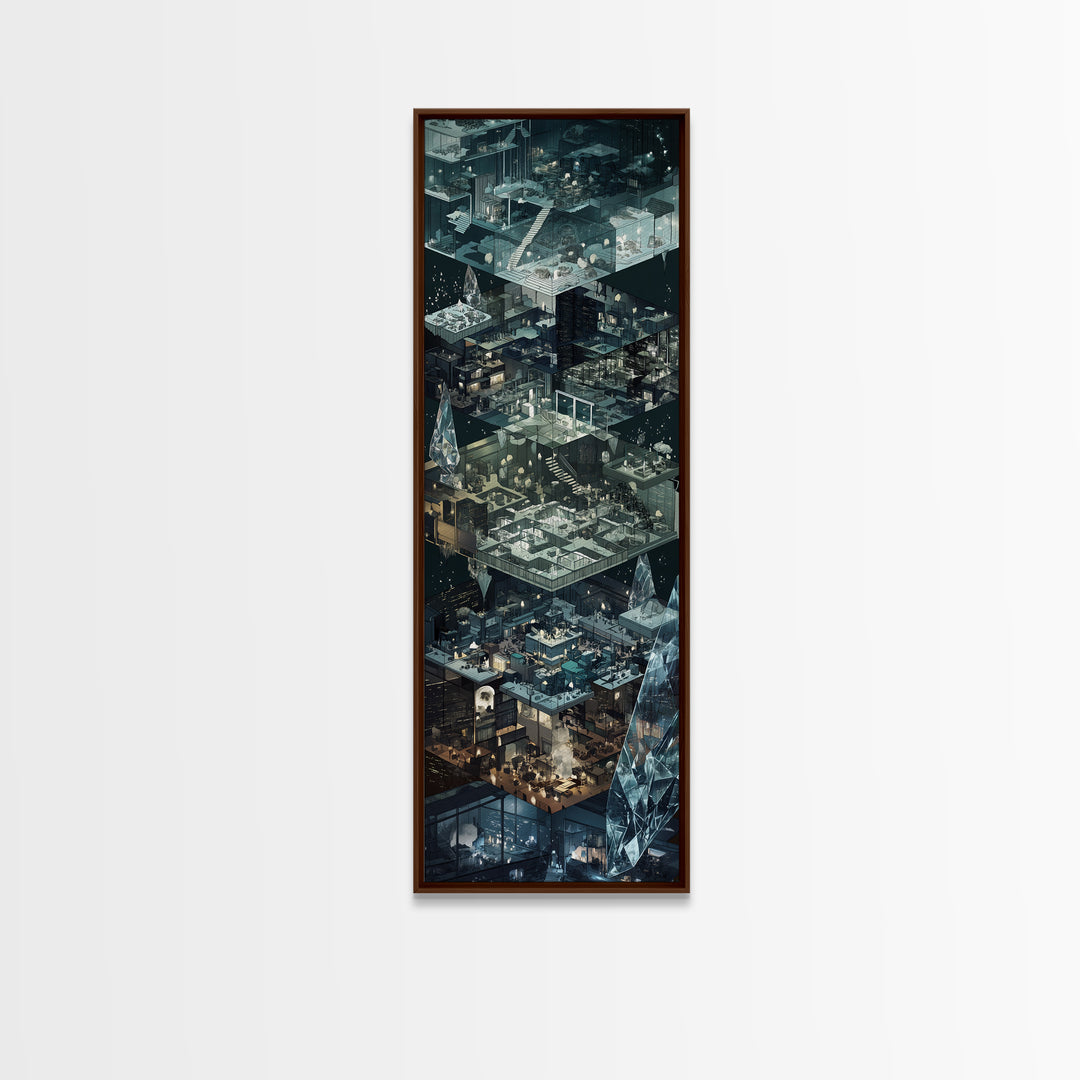 Floating Crystal Interior Architecture Wall Art, Futuristic Isometric Rooms Print, Modern Blue Gray Sci Fi Home Decor Gift