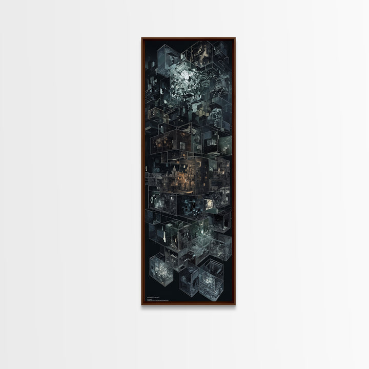 Dark Isometric Cyberpunk City Blocks Canvas Print, Futuristic Architecture Wall Decor, Modern Black Sci Fi Art Poster Gift