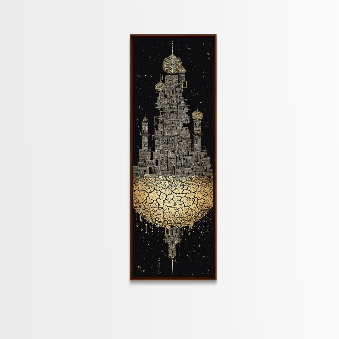 Golden Floating Afro Futurist Castle, Black And Gold African Wall Art, Luxury Canvas Print, Statement Home Decor Gift For Living Room