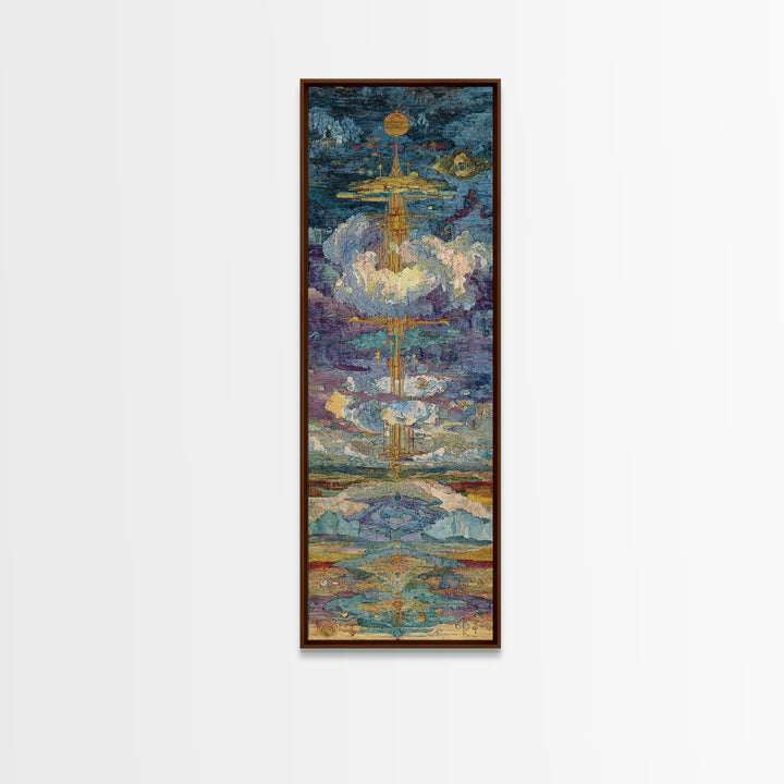Floating Golden Temple In Clouds Wall Art, Mystical Landscape Art Print, Blue Gold Statement Decor, Modern Canvas Art Gift