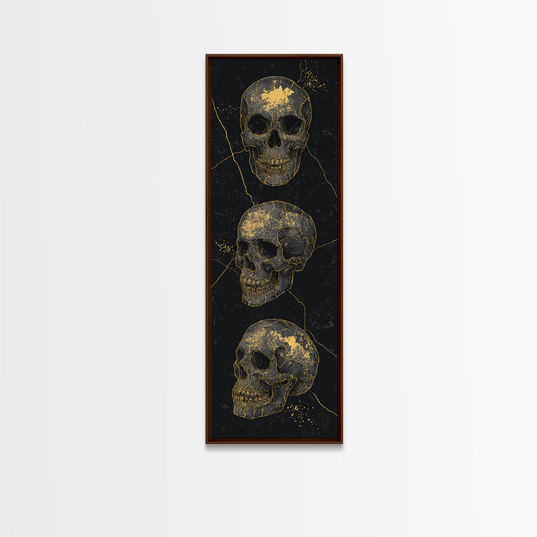 Three Gold Skulls On Black Canvas Print, Gothic Anatomy Wall Art, Dark Luxury Decor, Macabre Statement Gift For Him Home Decor
