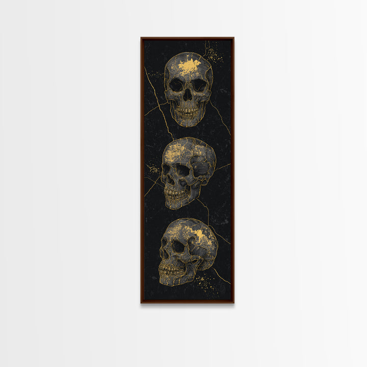Three Gold Skulls On Black Canvas Print, Gothic Anatomy Wall Art, Dark Luxury Decor, Macabre Statement Gift For Him Home Decor