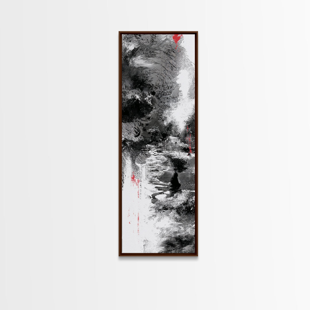 Black And White Abstract River Figure Wall Art, African Abstract Painting, Modern Ink Texture Decor With Red Accents Fine Art Print