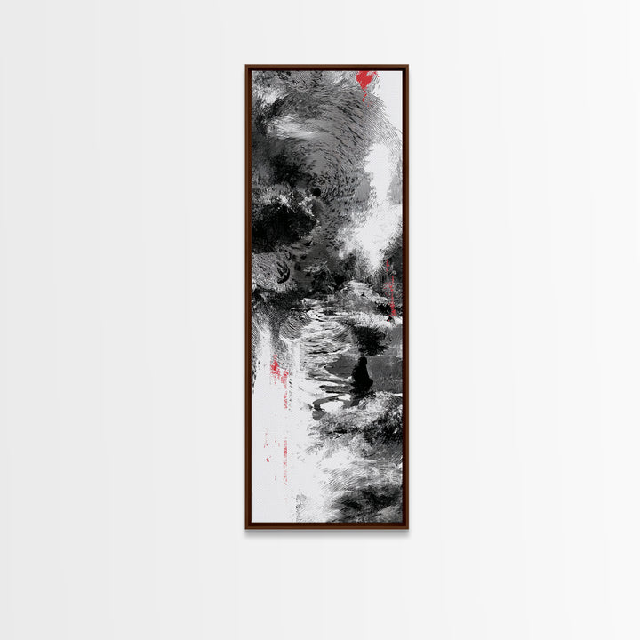 Black And White Abstract River Figure Wall Art, African Abstract Painting, Modern Ink Texture Decor With Red Accents Fine Art Print