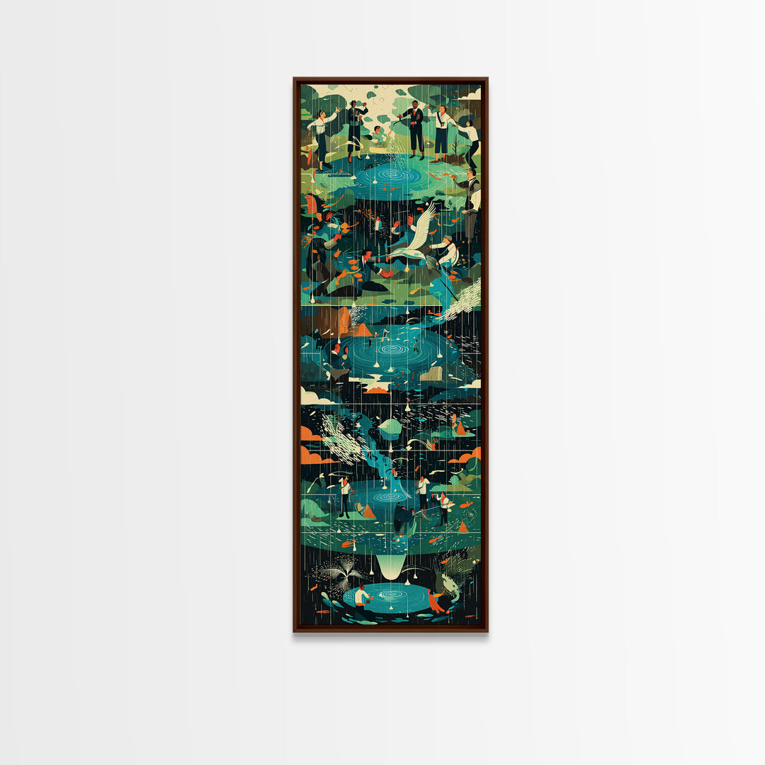 Teal Crane Pond And Rainy Garden Framed Canvas Print, African Inspired Bird Art, Nature Scene Decor For Living Room Wall Gift