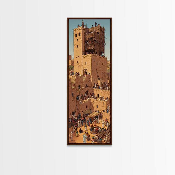 Desert Market Tower And Adobe City Wall Art, African Travel Poster, Moroccan Inspired Cultural Wall Decor, Warm Earth Tone Gift