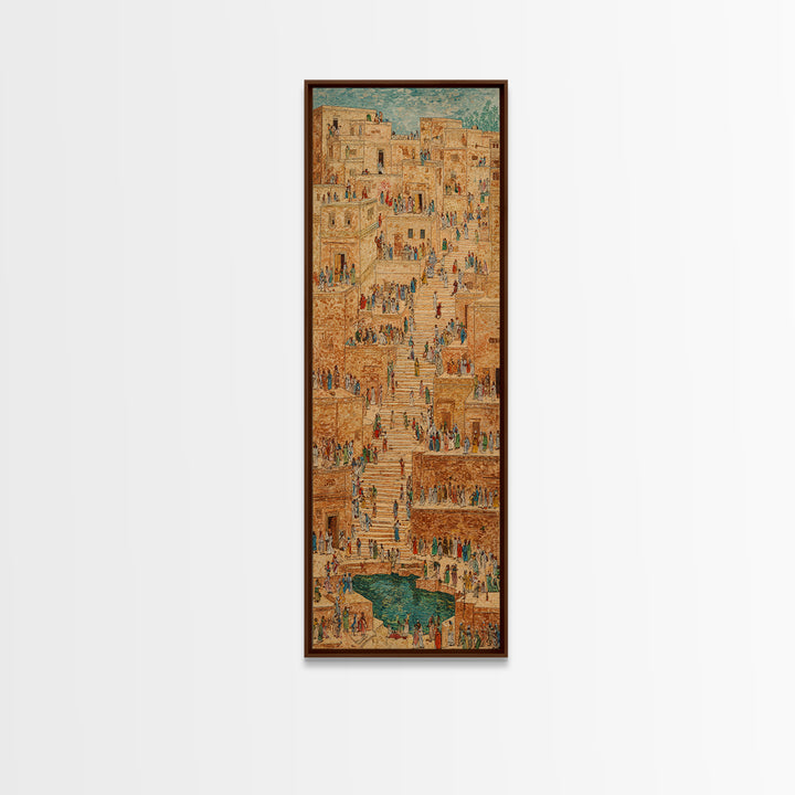 Ancient African Stairway Market Wall Art, Desert Cityscape Canvas Print, Terracotta Cultural Decor, Historic Village Artwork