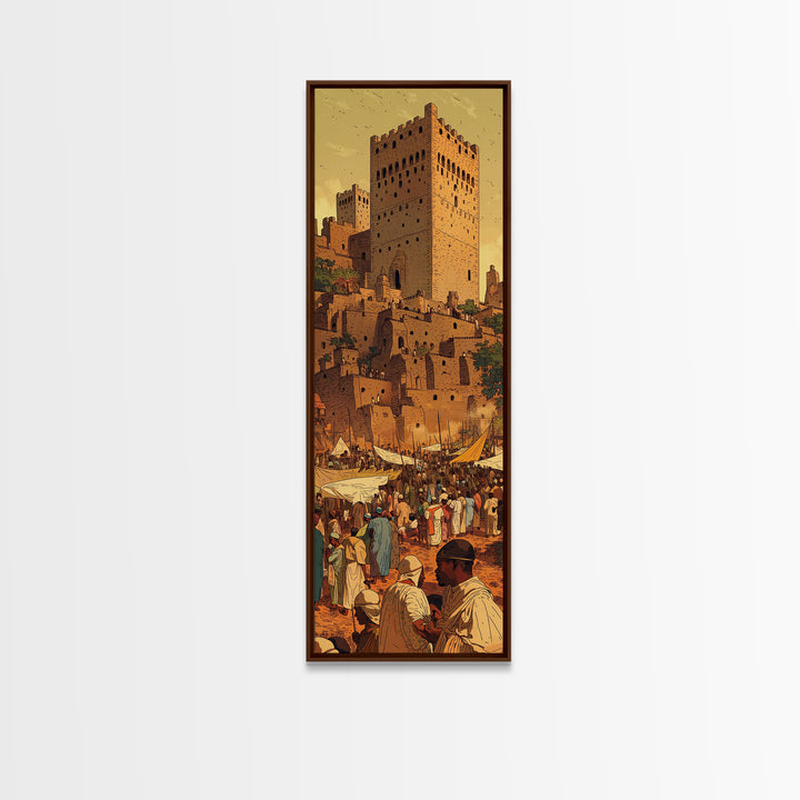 Moroccan Kasbah Market Wall Art, Sunset Desert Tower Canvas Print, African Travel Poster, Warm Terracotta Home Decor Artwork