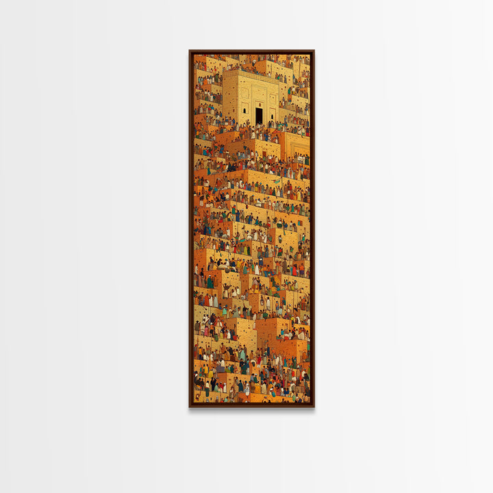 Golden African City Stairs Wall Art, Mud Brick Village Canvas Print, Busy Market Scene, Cultural Home Decor Artwork Poster
