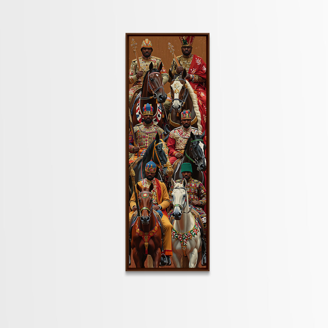 Ornate African Kings Riding Horses Framed Canvas Print, African Portrait, African Warrior Art, Afrocentric Decor, Cultural Wall Art