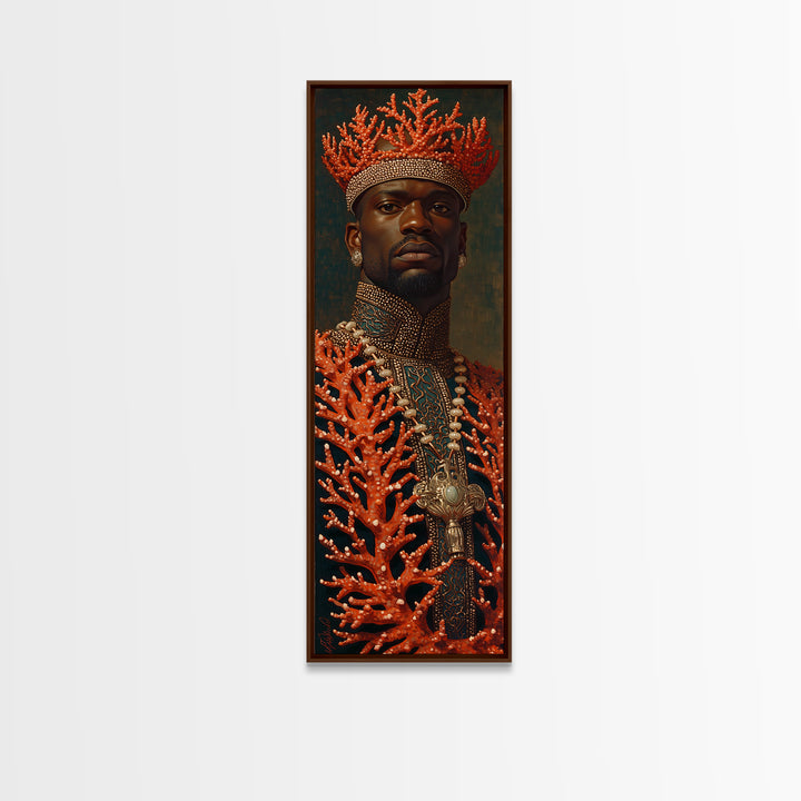 Black King In Coral Crown Portrait Canvas Print, African Portrait Art, Black Man Wall Art, Gold Jewelry Canvas, Luxury Decor