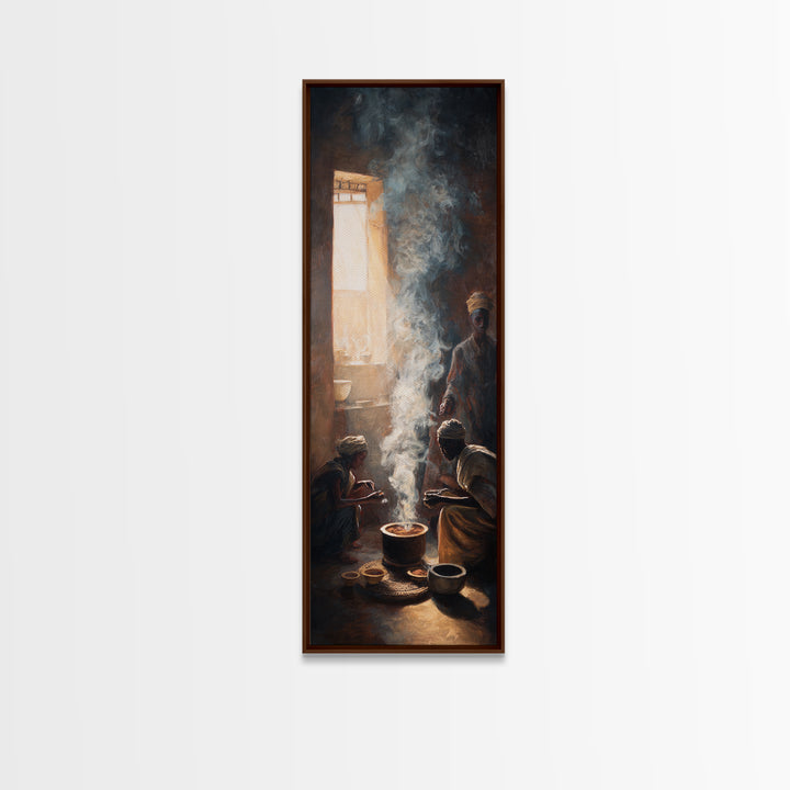 Smoky African Family Cooking By Window Wall Art, African Painting, Black Culture Art, Spiritual Home Decor, Meaningful Gift