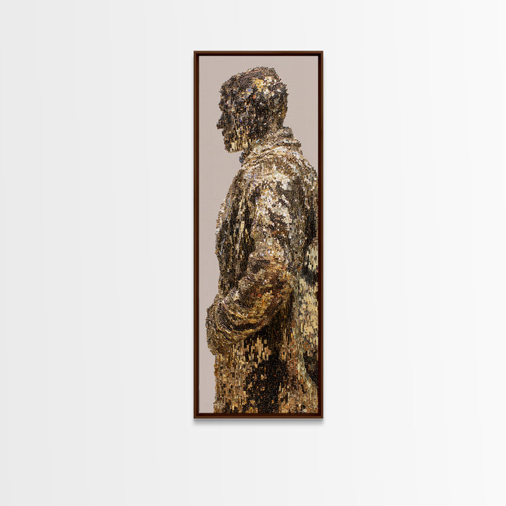 Shimmering Gold Male Figure Framed Canvas Print, Modern African Art, Abstract Portrait Wall Art, Luxury Black Art Decor Gift