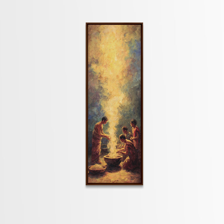 Golden African Family Firelight Gathering Framed Canvas Print, African Painting, Black Family Art, Spiritual Wall Art, Warm Decor