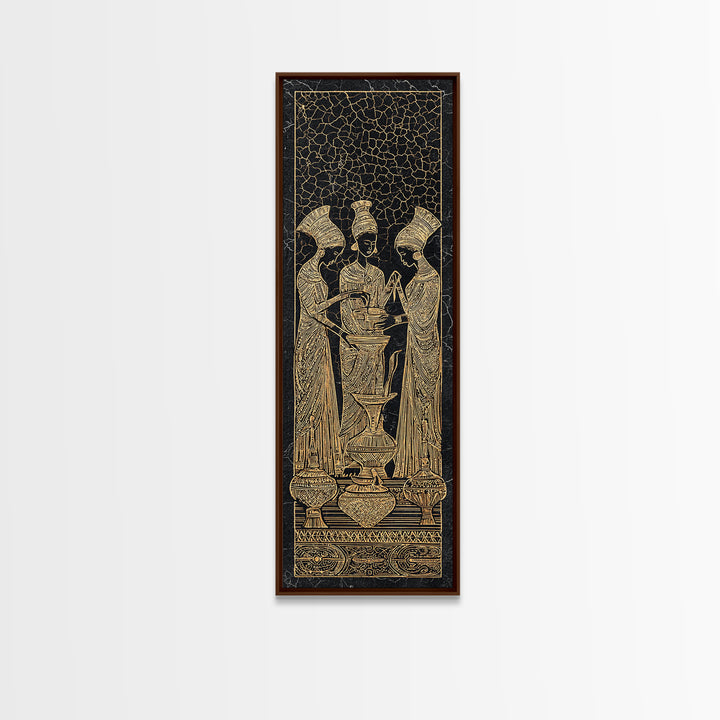 Golden African Women Ritual Wall Art, Ancient Egyptian Inspired Black Gold Canvas, Afrocentric Decor, Tribal Ceremony Print