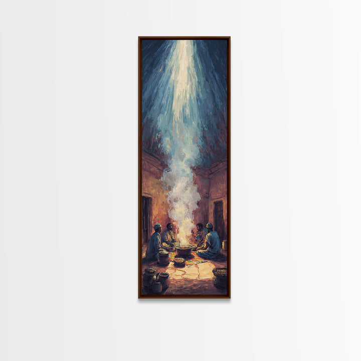 African Gathering With Sacred Steam Canvas Print, Ceremonial Light, Afrocentric Wall Decor, Spiritual Tribal Room Artwork