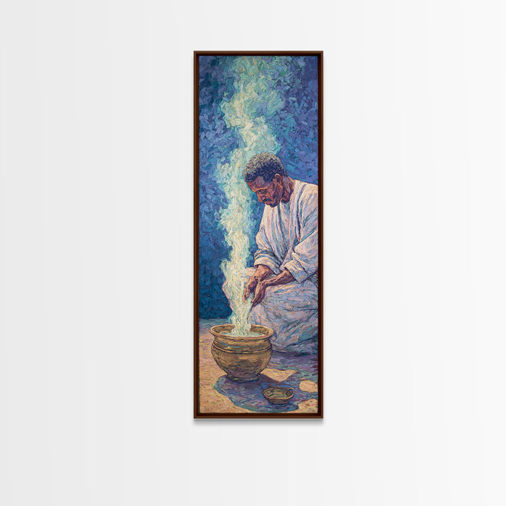 African Man Pouring Water Framed Canvas Print, Blue Spiritual Portrait Wall Decor, Afrocentric Culture Art For Living Room