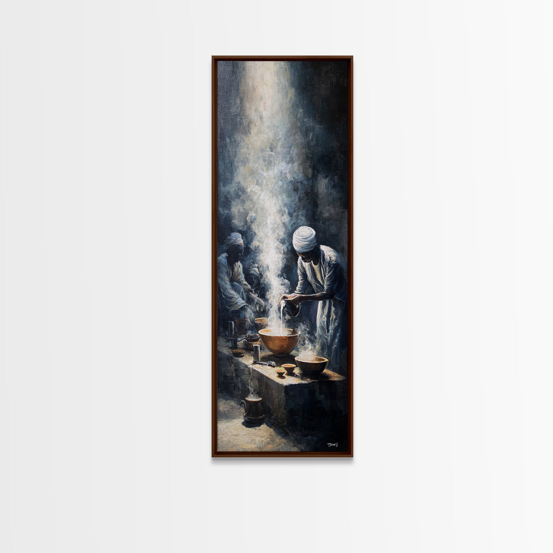 African Steam Ritual Wall Art, Dark Ceremonial Canvas, Men In White Headwraps, Afrocentric Tribal Decor, Spiritual Print