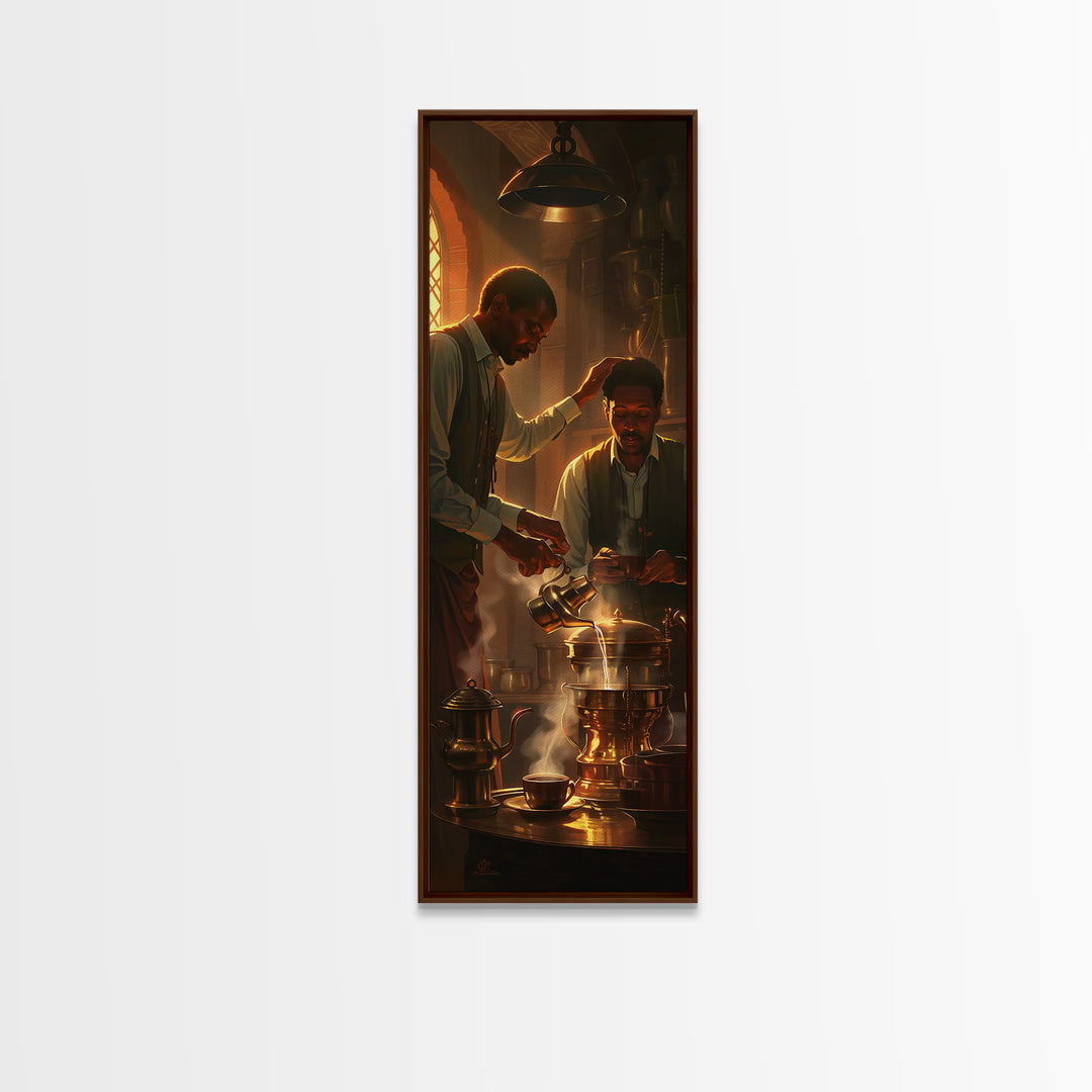 African Men Brewing Tea Canvas Print, Warm Golden Kitchen Light, Black Culture Art, Afrocentric Home Decor For Living Room
