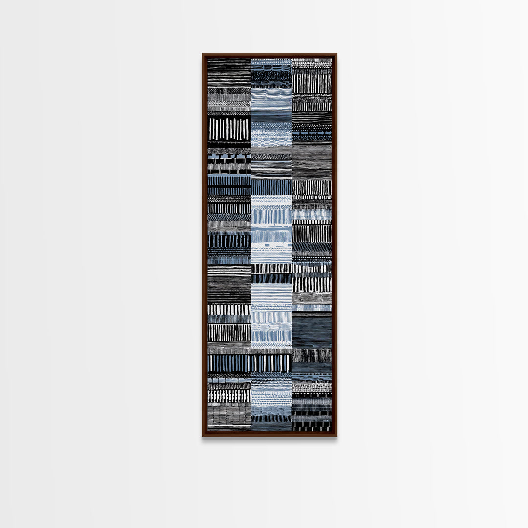 Blue Black Woven Textile Canvas Print, African Fabric Pattern, Minimalist Wall Art, Modern Boho Office And Home Decor Print