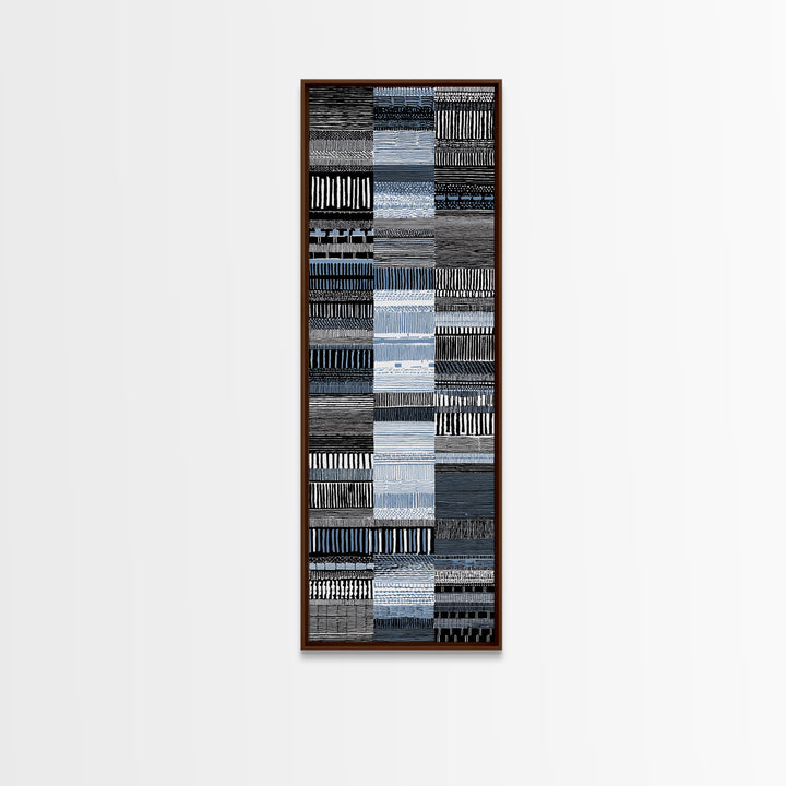 Blue Black Woven Textile Canvas Print, African Fabric Pattern, Minimalist Wall Art, Modern Boho Office And Home Decor Print