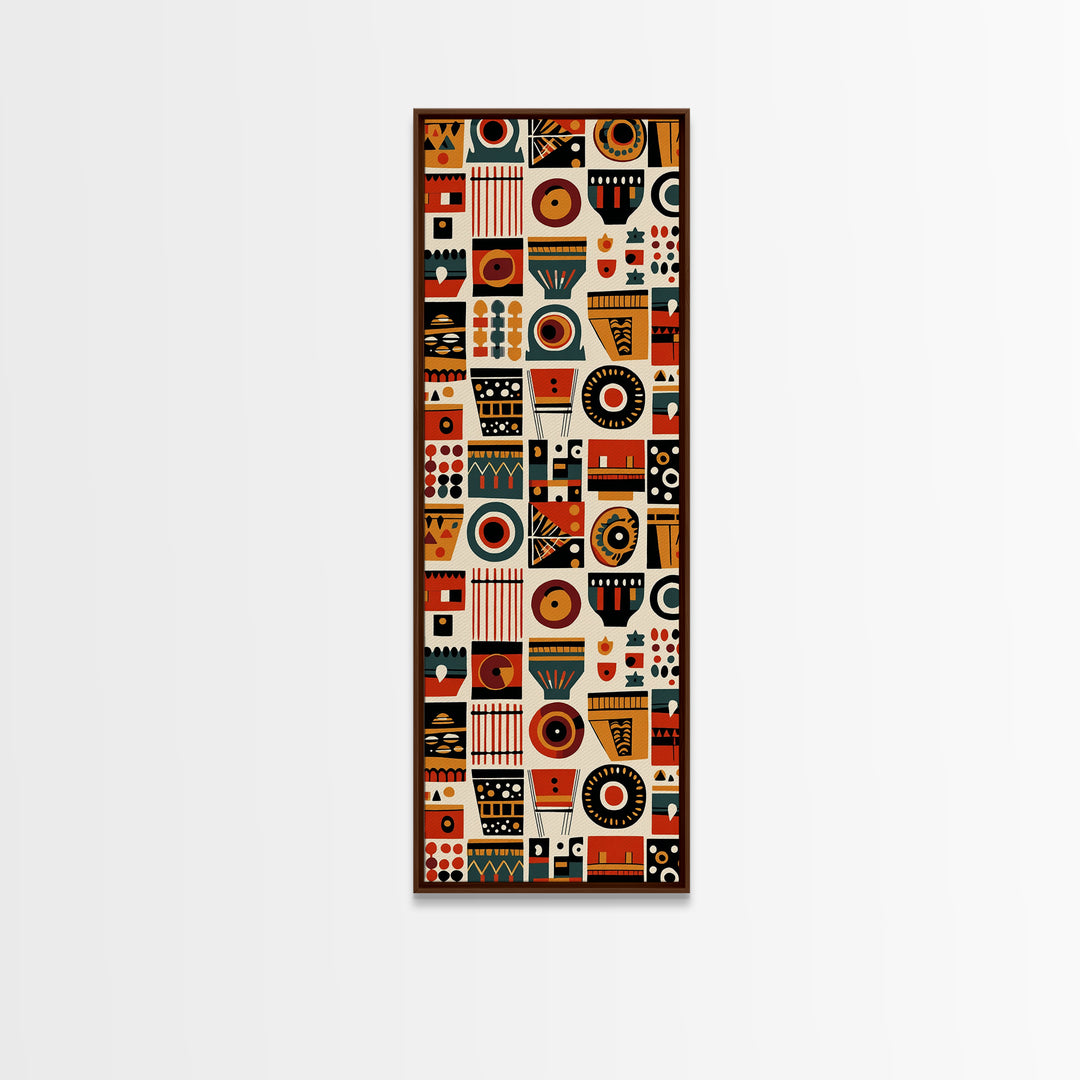 Orange Black African Symbols Wall Art, Tribal Mask Inspired Geometric Pattern, Afrocentric Canvas Print, Bold Home Decor