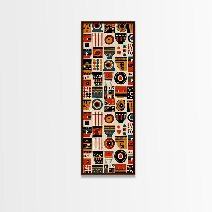 Orange Black African Symbols Wall Art, Tribal Mask Inspired Geometric Pattern, Afrocentric Canvas Print, Bold Home Decor