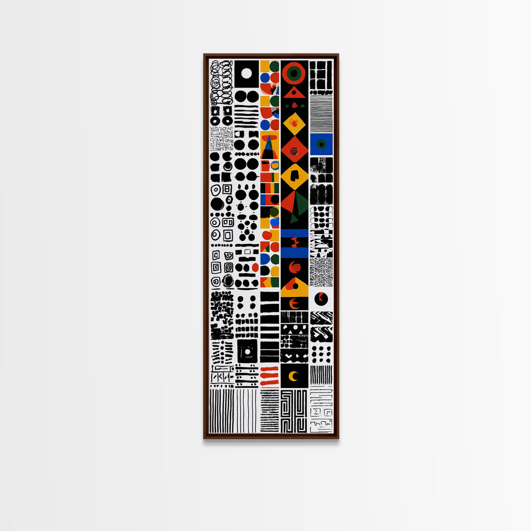 Modern African Geometric Grid Canvas Print, Black White Orange Tribal Symbols, Abstract Wall Art, Bold Cultural Decor Print