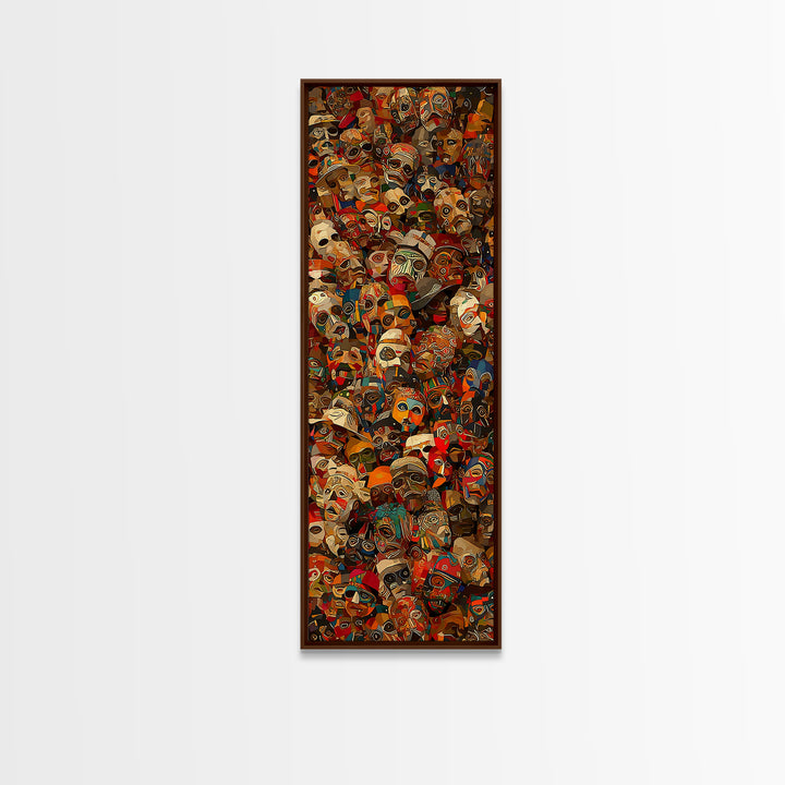 Dense Collage Of African Masks Wall Art, Tribal Faces Canvas, Afrocentric Culture Decor, Maximalist Black Artwork Print For Home