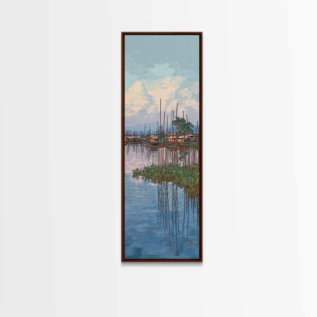 Peaceful African Lake Village Wall Art, Blue Water Landscape Canvas Print, Coastal Home Decor, Serene Travel Art Gift For Living Room
