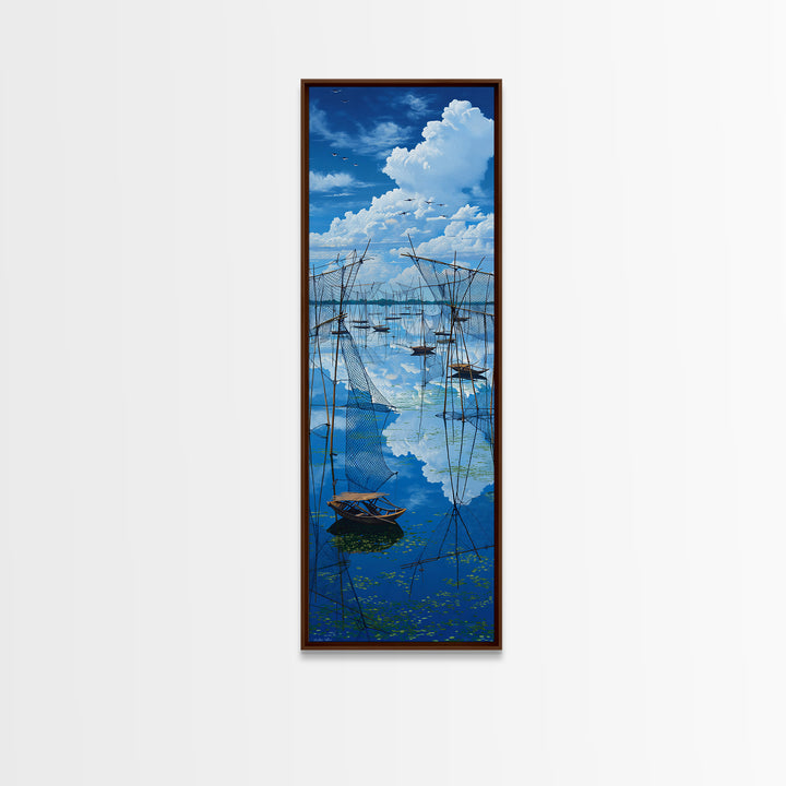 Dramatic Blue Fishing Nets Wall Art, African Lake Canvas Print, Coastal Landscape Decor, Serene Safari Art Gift For Home