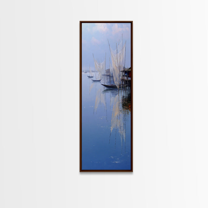 Misty African Fishing Boats Wall Art, Blue Lake Canvas Print, Minimalist Coastal Decor, Serene Water Landscape Gift For Her