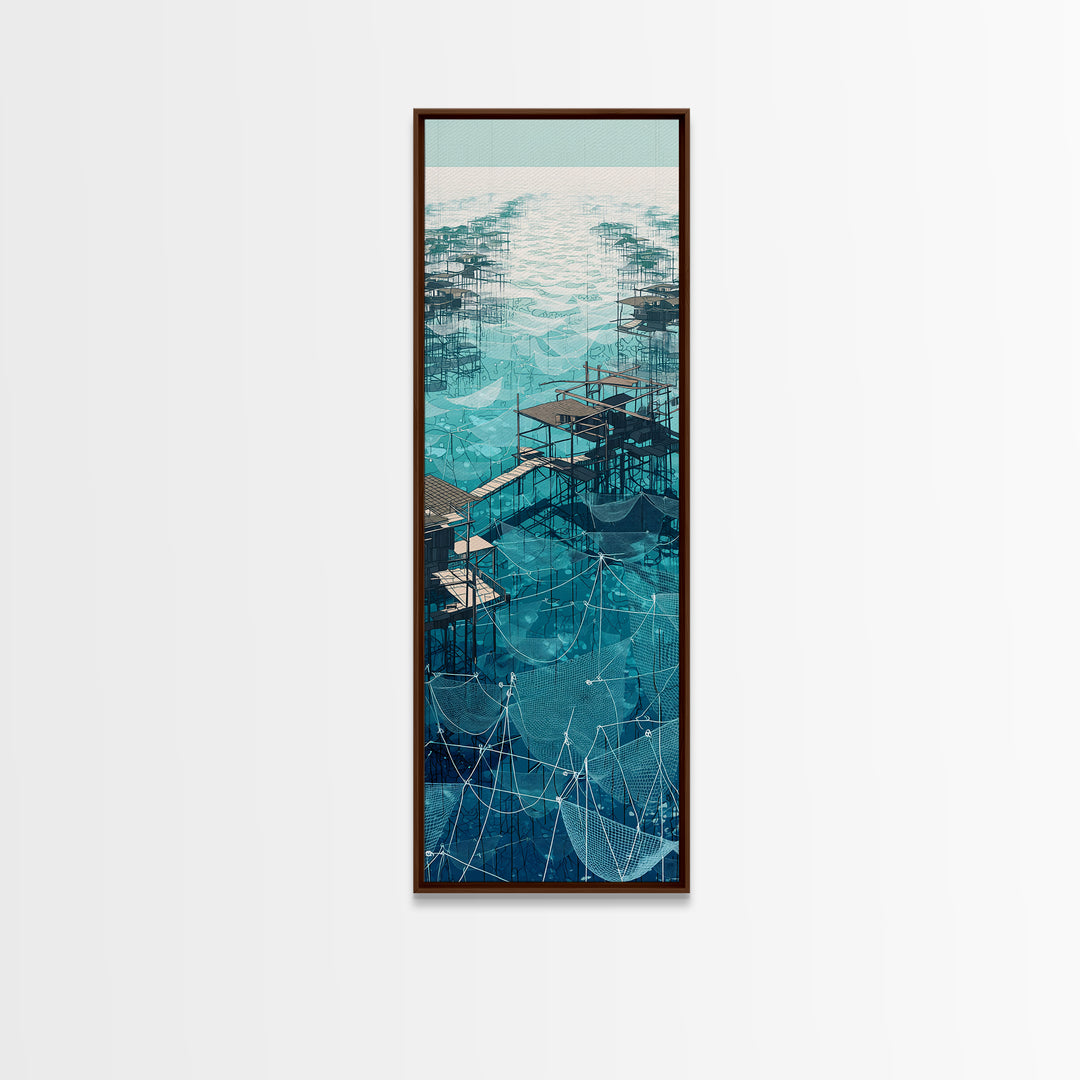 Turquoise African Stilt Village Wall Art, Aerial Lake Canvas Print, Modern Coastal Decor, Fishing Net Landscape Art Gift