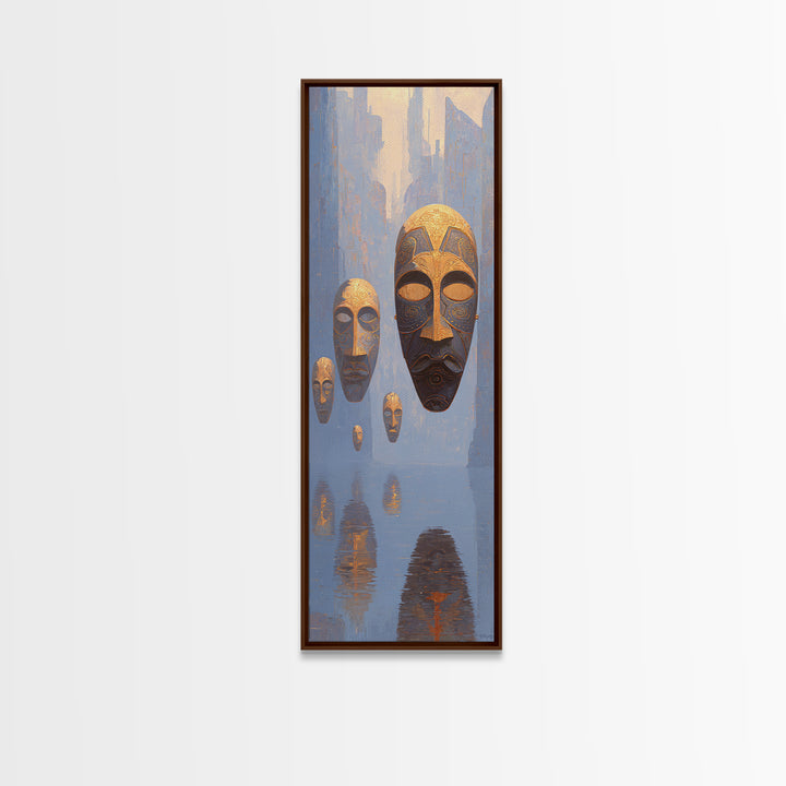 Floating African Mask Spirits Wall Art, Surreal Blue Gold Canvas Print, Afrocentric Tribal Decor, Mystical Culture Art Gift