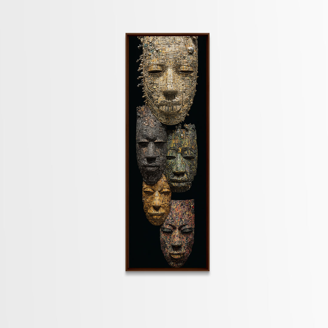 Textured African Mask Portrait Wall Art, Tribal Sculpture Canvas Print, Black Gold Afrocentric Decor, Cultural Artwork Gift