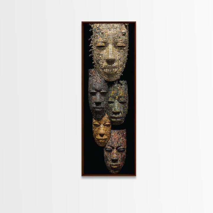 Textured African Mask Portrait Wall Art, Tribal Sculpture Canvas Print, Black Gold Afrocentric Decor, Cultural Artwork Gift