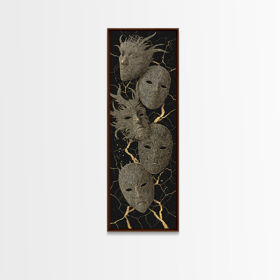 Gold Tribal Masks On Black Kintsugi Wall Art, African Mask Art, African Tribal Decor, Afrocentric Wall Decor, Luxury Canvas Print