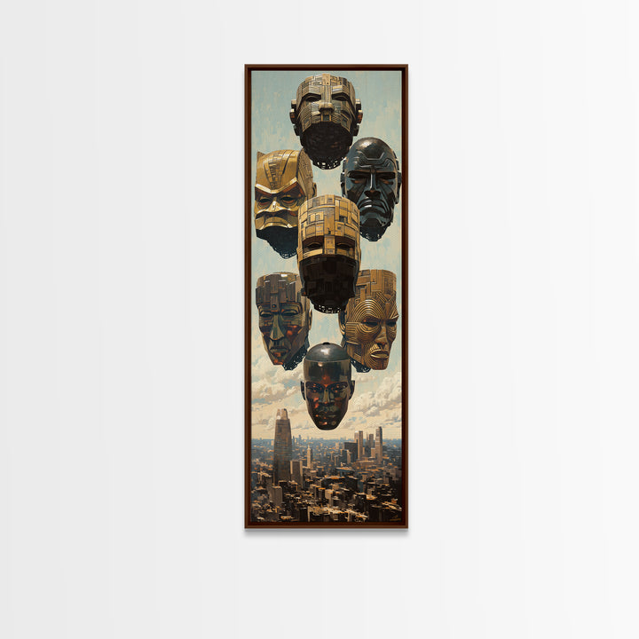 Futuristic Gold And Black Masks Wall Art, Afrofuturism Decor, Modern African Art, Urban Wall Decor, Unique Canvas Print Gift