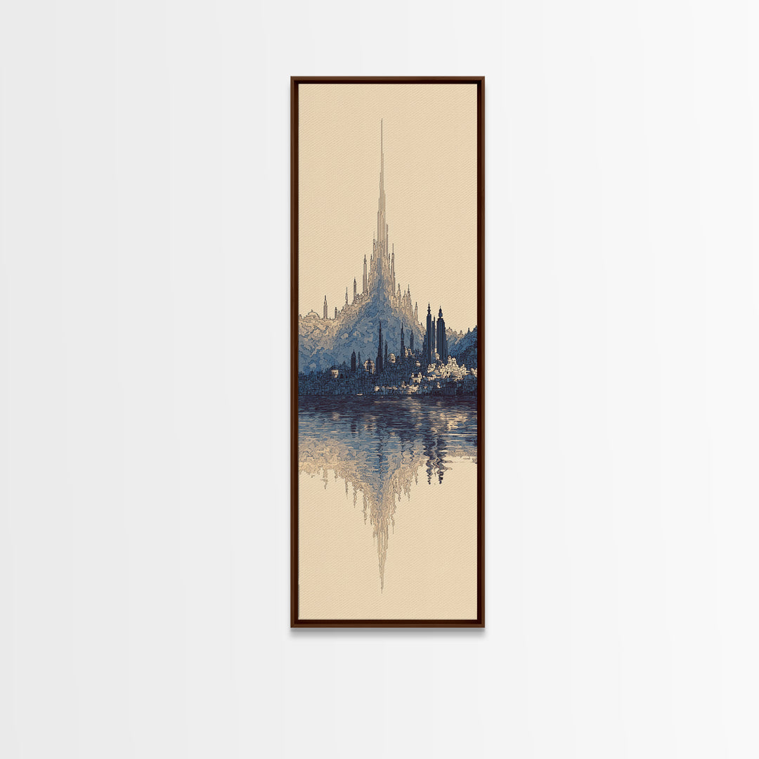 Blue Fantasy Spire City Framed Canvas Print, Dreamy Wall Art, Modern Canvas Art, Elegant Home Decor, Large Statement Wall Decor