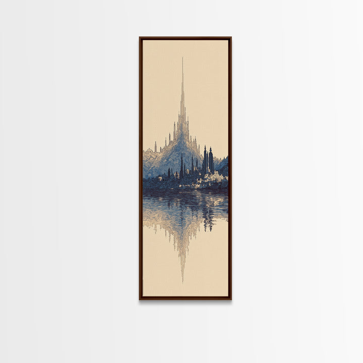 Blue Fantasy Spire City Framed Canvas Print, Dreamy Wall Art, Modern Canvas Art, Elegant Home Decor, Large Statement Wall Decor