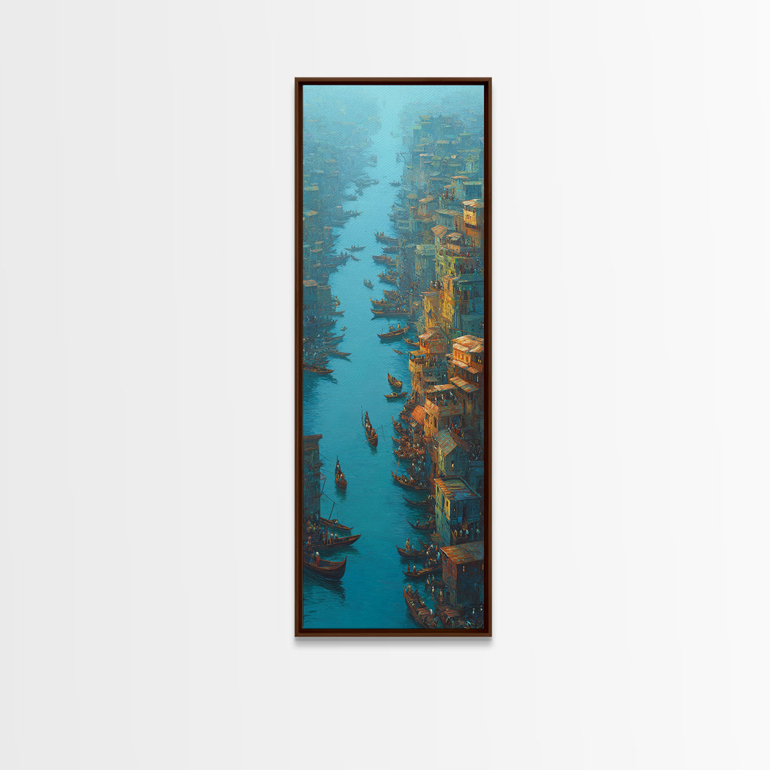 Teal Canal City With Boats Wall Art, Coastal Travel Decor, Blue Orange Painting, Large Canvas Print, Unique Home Decor Gift