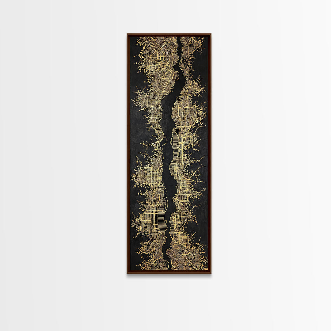 Black And Gold Abstract City Map Wall Art, Geometric Wall Art, Modern Black Art, Luxury Canvas Print, Statement Home Decor
