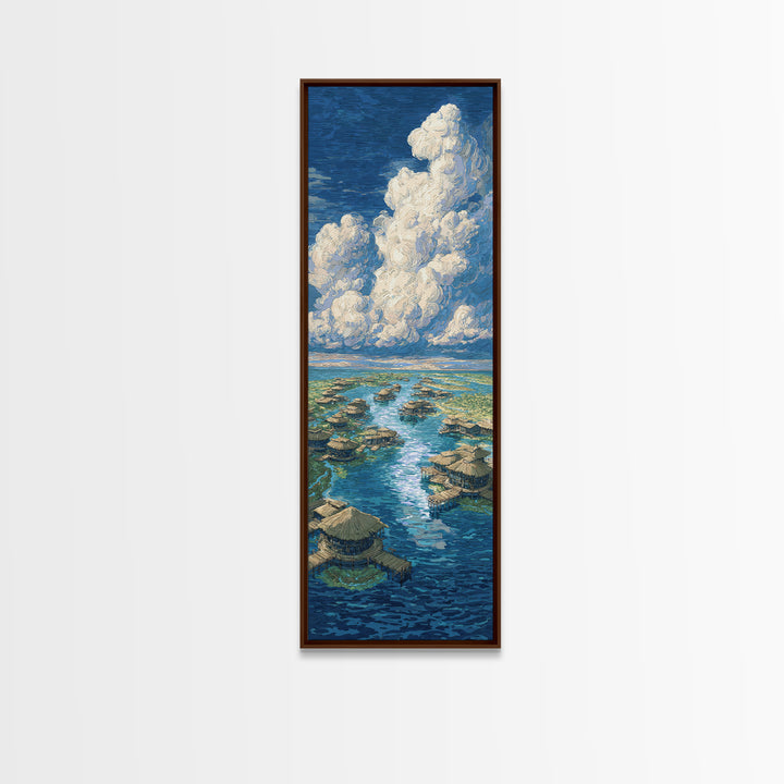 Tropical Lagoon Huts Under Clouds Canvas Print, Beach Art, Nature Scene Art, Blue Wall Decor, Coastal Home Decor Wall Art