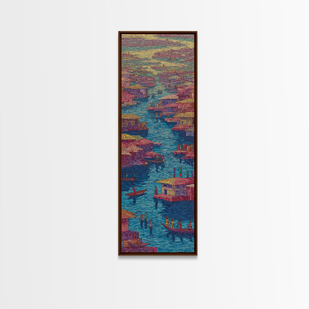 Colorful Pink African River Village Wall Art, Boats And Waterfront Homes, African Prints, Vibrant Cultural Canvas Print, Decor