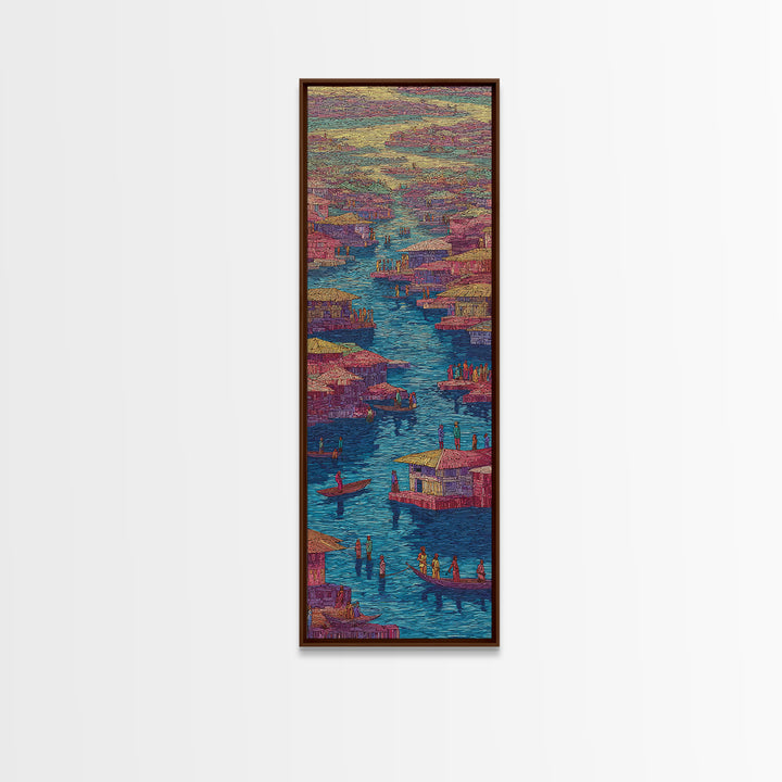 Colorful Pink African River Village Wall Art, Boats And Waterfront Homes, African Prints, Vibrant Cultural Canvas Print, Decor